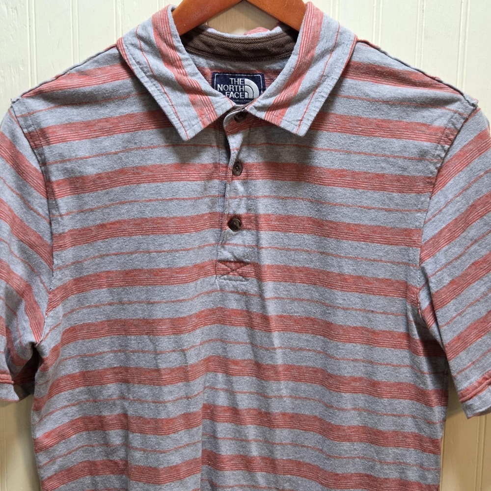 The North Face Polo Shirt Mens S‎ Gray Red Stripe 100% Cotton Knit Casual Top